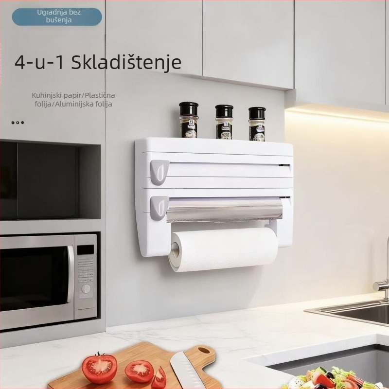 6-u-1 višenamjenski kuhinjski stalak za pohranu s rezačem za plastičnu foliju i aluminijsku foliju, držač za papirnate ručnike bez bušenja