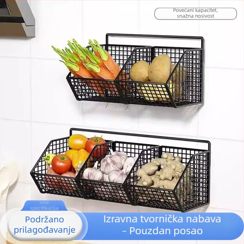 Stalak od kovano željeza za pohranu luka, đumbira i češnjaka, zidni, bez bušenja, kuhinjski organizator