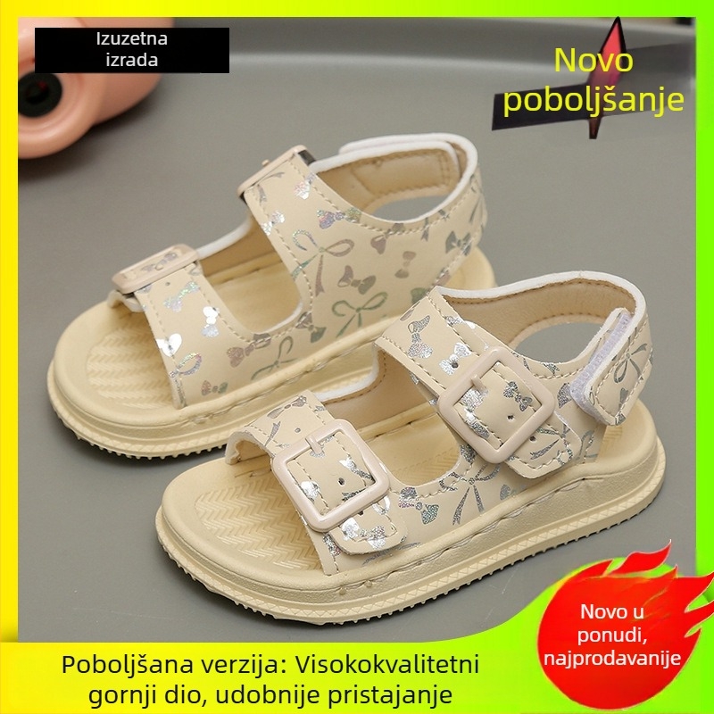 Dječje sandale za djevojčice, ljeto 2026, korejski stil, prava koža, mekana potplata, protuklizne, princeske sandale