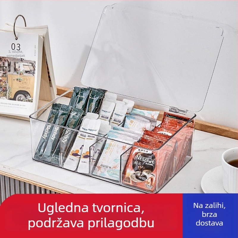 Prozirna stolna kutija za pohranu s poklopcem za vrećice čaja i kavu, otporna na prašinu, s pregradama