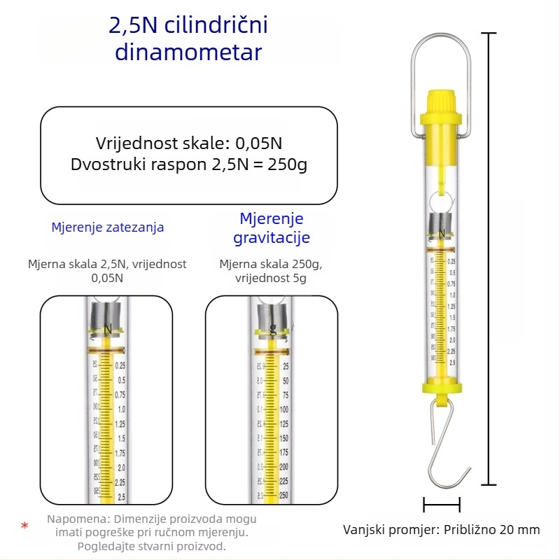 Cilindrični dinamometar 1–30 N, Newtonova opružna vaga za nastavu