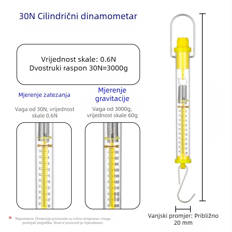 Cilindrični dinamometar 1–30 N, Newtonova opružna vaga za nastavu