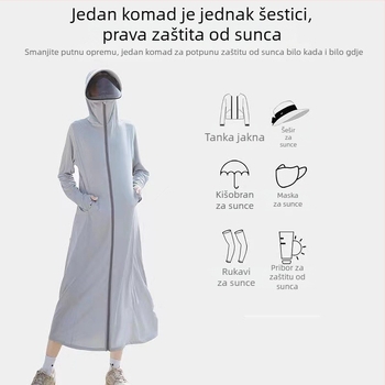 Ženska duga zaštitna jakna za sunce, do koljena, uski kroj, Ice Silk materijal, kapuljača i široki rub, UPF50+ UV zaštita, prozračna, brzo se suši, odvodi vlagu.