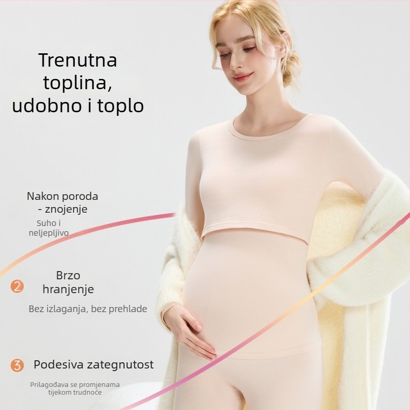 Trudnički jesenski set: pamučna termalna majica i hlače sa grudnjakom, pogodan za trudnoću i dojenje