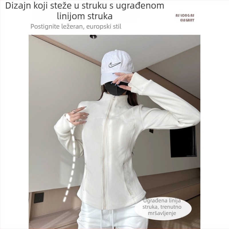 Bijela ženska dvostrano fleece jakna s stojećim ovratnikom i zatvaračem, za jesenju i zimsku sezonu