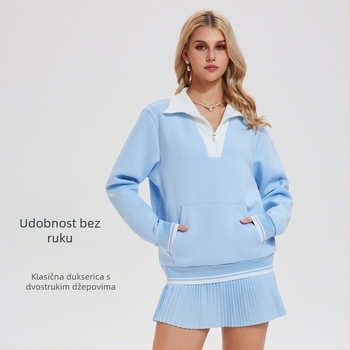 Ženski retro tenis top s visokim ovratnikom, polu-zipom, dugim rukavima, modni dizajn koji imitira dva dijela za proljeće i jesen