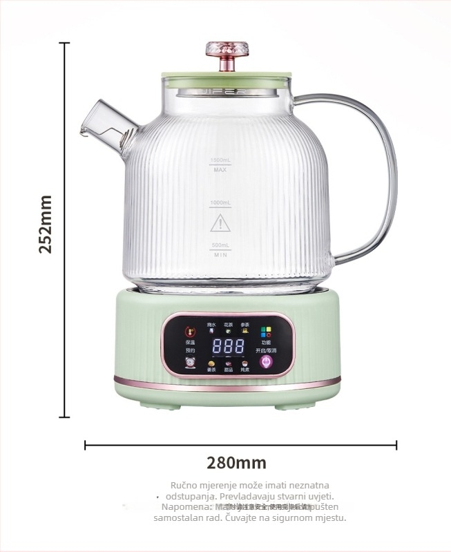 Potpuno stakleni čajnik za kuhanje i infuziju čaja, 1 L, digitalni termostat, 220 V, 400–500 W, odvojivi poklopac