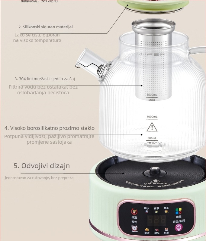 Potpuno stakleni čajnik za kuhanje i infuziju čaja, 1 L, digitalni termostat, 220 V, 400–500 W, odvojivi poklopac