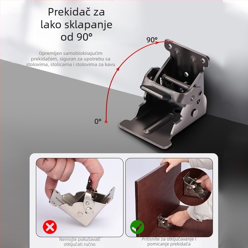 Debljasti, podesivi, automatski zaključavajući sklopni šarnir, 90°/180°, za noge stola i stolice, spojni dio namještaja