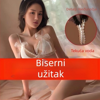 Seksi trodijelni čipkasti set donjeg rublja s perlama, proziran, s otvorenim intimnim područjem