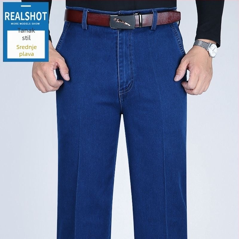 Muške traperice s visokim strukom za muškarce srednje dobi i starije dobi, jesensko-zimske, casual, rastezljive, slobodnog kroja, pamuk, stil dad, debele, ravni kroj