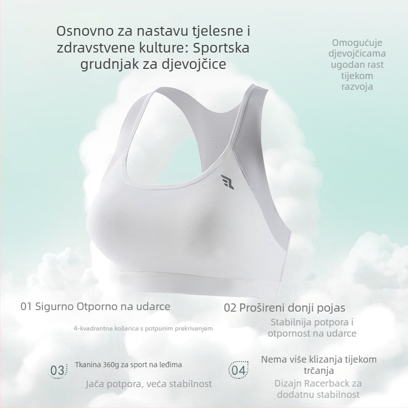 Pamukasti prozračni sportski grudnjak za djevojčice školskog uzrasta, bez žice, potpuno pokrivanje