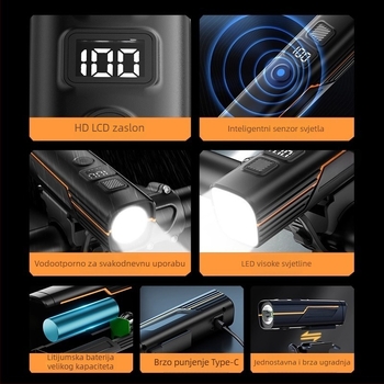 Set LED svjetala za bicikl: prednje i stražnje, vodootporno, USB-C, 1200mAh baterija, brzo otpuštanje za montažu, za noćnu vožnju