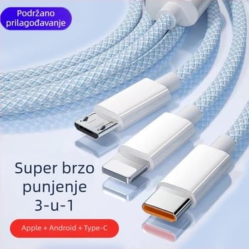 66W opleteni kabel za punjenje 3-u-1 s Lightning, USB-C i Micro USB konektorima