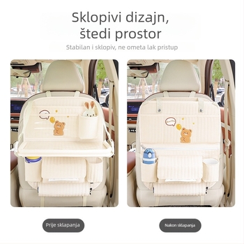 Sklopivi stol za stražnju sjedalu automobila s pločom za jelo, pretincem za pohranu, visećim organizatorom i košem za smeće