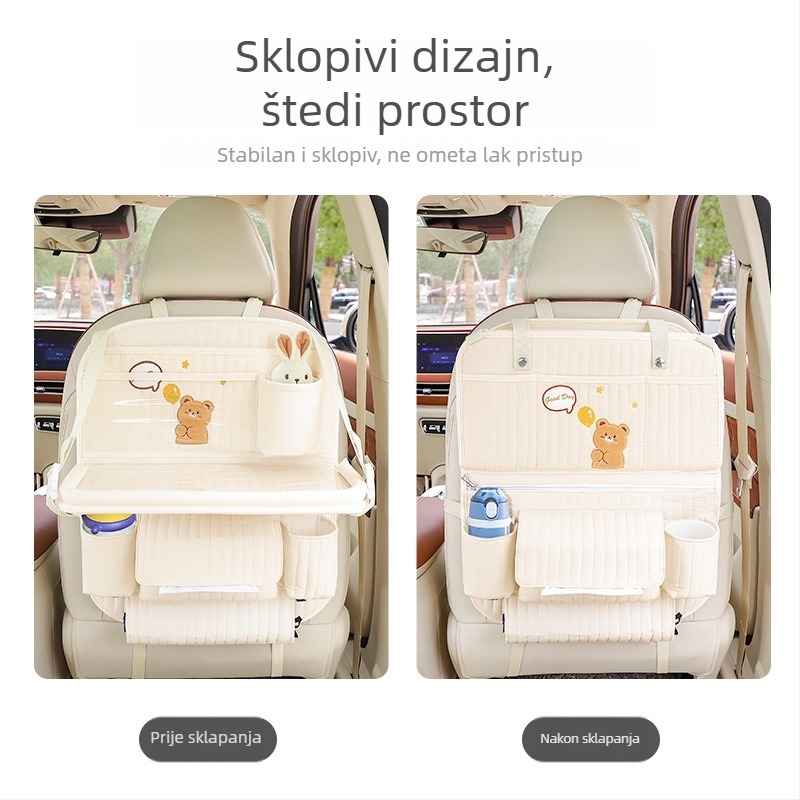 Sklopivi stol za stražnju sjedalu automobila s pločom za jelo, pretincem za pohranu, visećim organizatorom i košem za smeće