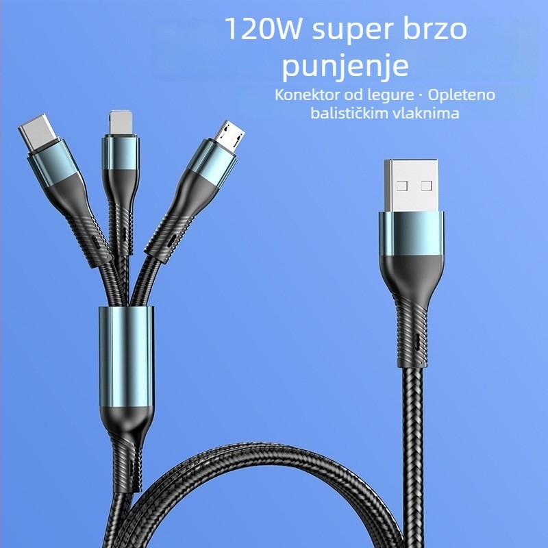 K8 3-u-1 kabel za brzo punjenje, 120W, tri konektora: Type-C, Lightning, Micro USB, kompatibilan s Apple i Huawei