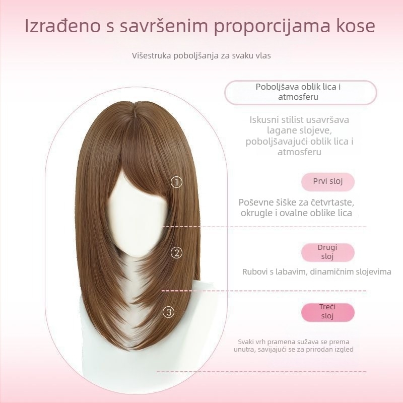Perika s dugom ravnom kosom i bočnim šiškama, japanskog stila višeslojni izgled