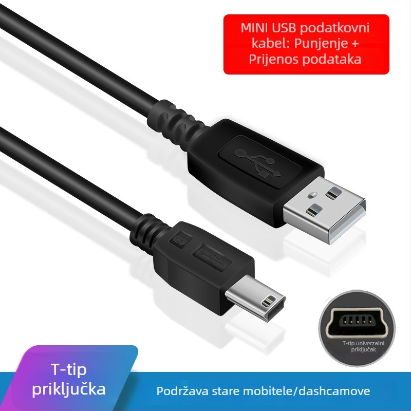 1 m USB kabel s produženom glavom, V3 priključkom – debeli kabel za punjenje za starije Android uređaje i MP3 playere