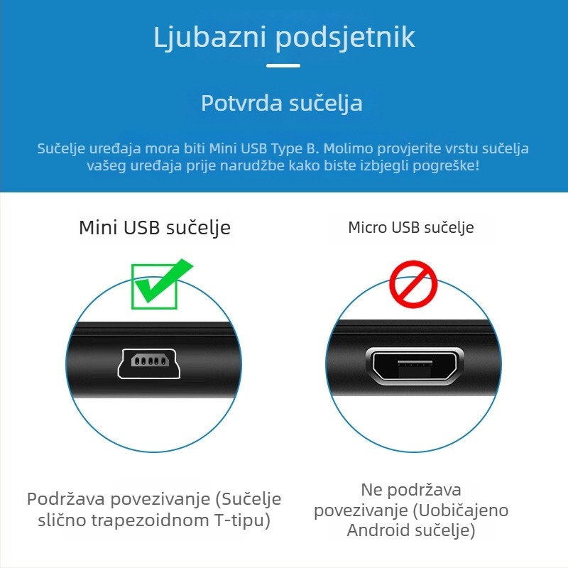 1 m USB kabel s produženom glavom, V3 priključkom – debeli kabel za punjenje za starije Android uređaje i MP3 playere
