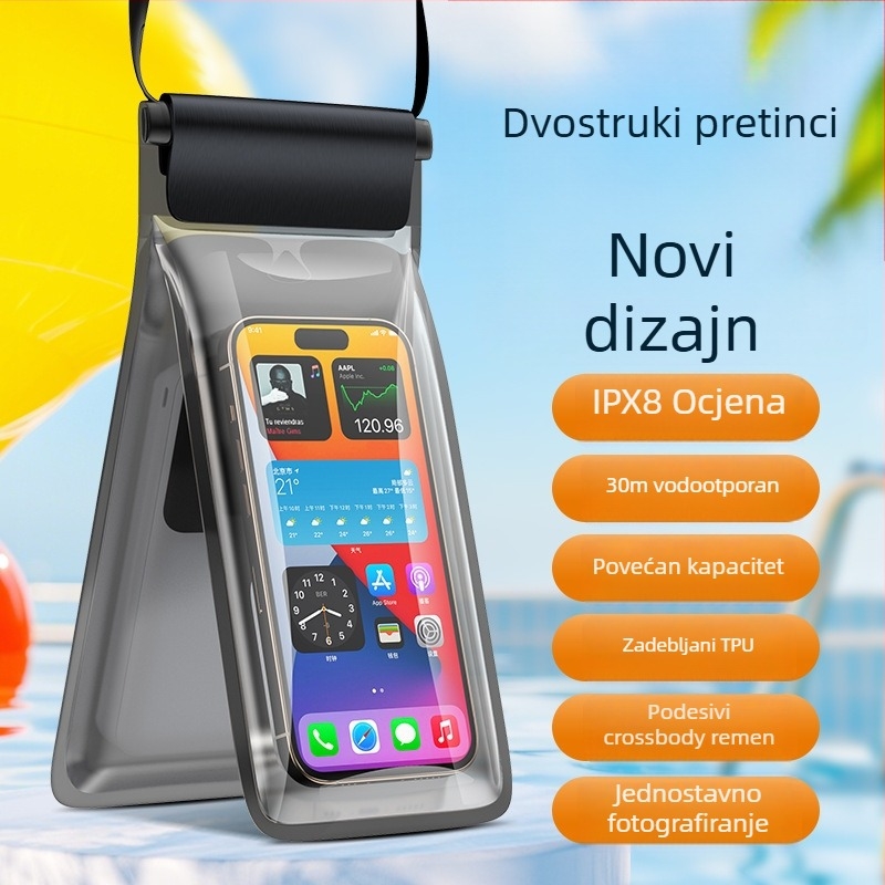 Dvokomorna vodootporna torbica za telefon za aktivnosti na otvorenom – prozirna, zatvorenog dizajna