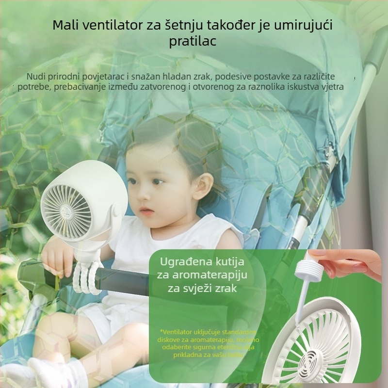 Ventilator za dječji kolica u obliku hobotnice s aromaterapijom, 3 brzine, tih USB mini ventilator s noćnim svjetlom i zaštitom od stiska