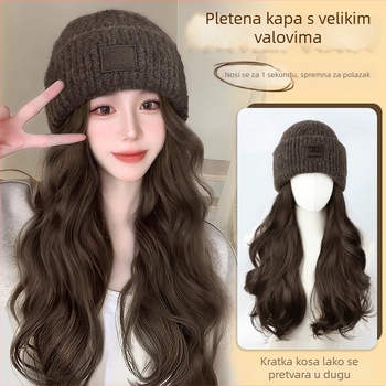 Ženska šešir-perika s dugim kovrčavim kosom, pletena kapa, tekstura vodnih vala, jesen-zima moda