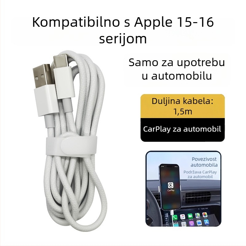 USB-C pleteni kabel za podatke za Apple iPhone 15–17 Pro, auto punjač, Type-C kabel za brzo punjenje