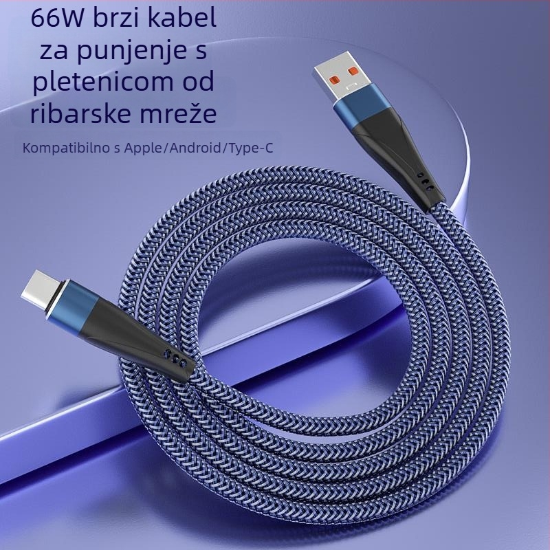 Pleteni prošireni auto kabel za brzo punjenje s USB-C, Lightning i Micro-USB priključcima, duljine 1–2 m, kompatibilan s Huawei brzim punjenjem i Apple Type-C uređajima