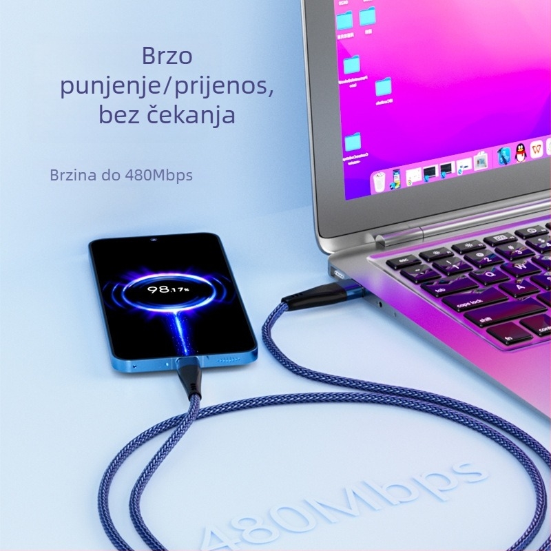Pleteni prošireni auto kabel za brzo punjenje s USB-C, Lightning i Micro-USB priključcima, duljine 1–2 m, kompatibilan s Huawei brzim punjenjem i Apple Type-C uređajima