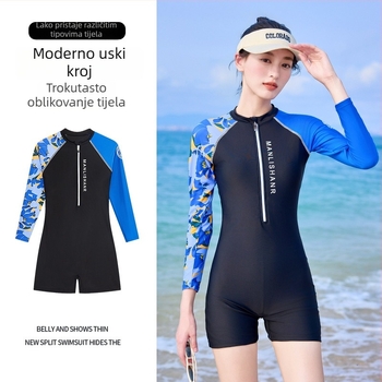 Ženski jednodijelni kupaći kostim s dugim rukavima za plivanje i surfing, efekt mršavljenja i pokrivanja.