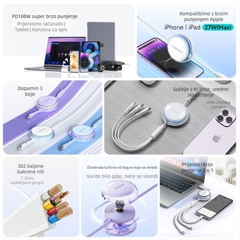 Romoss 6A 3-u-1 podatkovni kabel za telefone i prijenosna računala, Lightning, Micro USB i Type-C, duljina 1–2 m, kompatibilan s Huawei iPhone 15