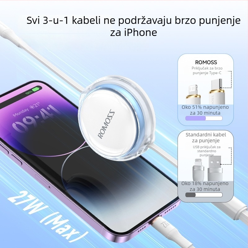 Romoss 6A 3-u-1 podatkovni kabel za telefone i prijenosna računala, Lightning, Micro USB i Type-C, duljina 1–2 m, kompatibilan s Huawei iPhone 15