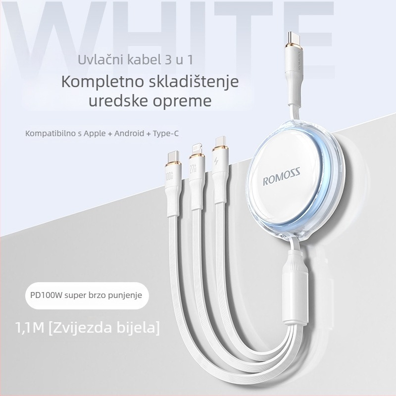 Romoss 6A 3-u-1 podatkovni kabel za telefone i prijenosna računala, Lightning, Micro USB i Type-C, duljina 1–2 m, kompatibilan s Huawei iPhone 15