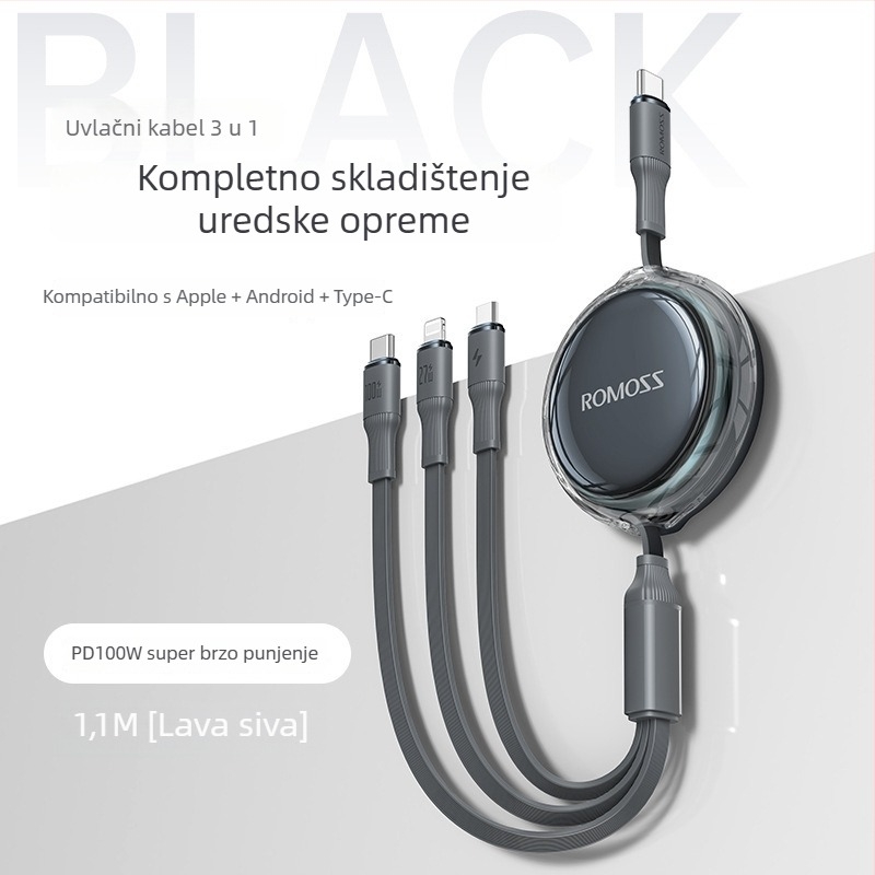 Romoss 6A 3-u-1 podatkovni kabel za telefone i prijenosna računala, Lightning, Micro USB i Type-C, duljina 1–2 m, kompatibilan s Huawei iPhone 15