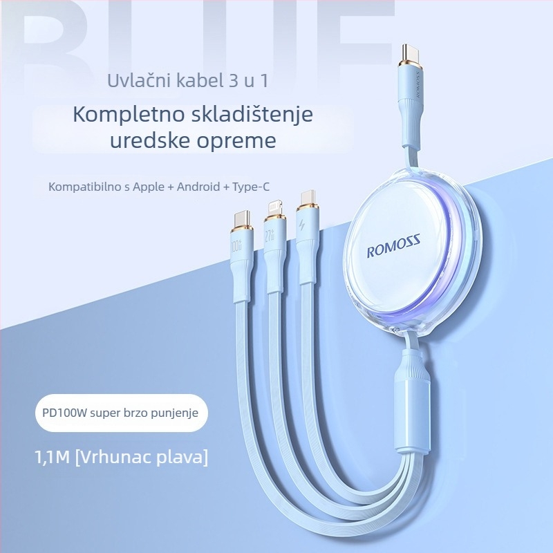 Romoss 6A 3-u-1 podatkovni kabel za telefone i prijenosna računala, Lightning, Micro USB i Type-C, duljina 1–2 m, kompatibilan s Huawei iPhone 15
