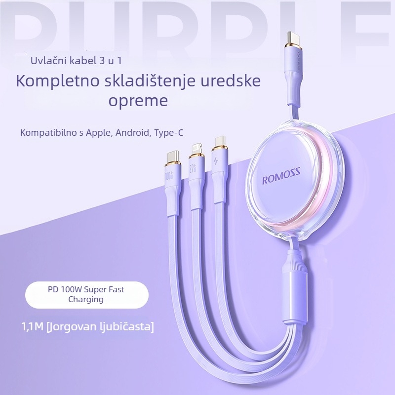 Romoss 6A 3-u-1 podatkovni kabel za telefone i prijenosna računala, Lightning, Micro USB i Type-C, duljina 1–2 m, kompatibilan s Huawei iPhone 15