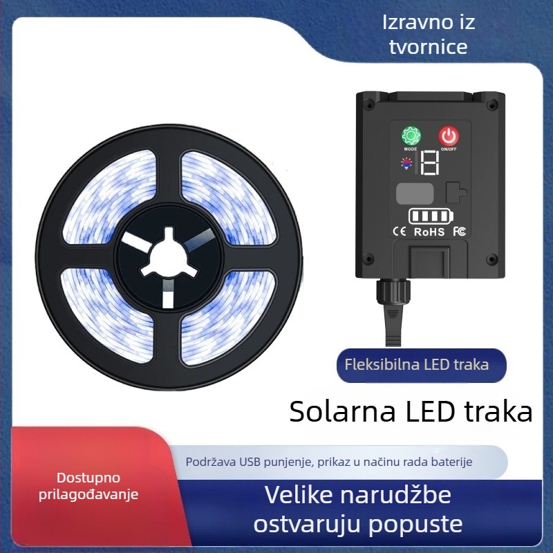 Solarna LED traka s USB punjenjem, vanjska dekoracija za kampiranje i dvorište, IP65, napajanje baterijom/USB/solarnom energijom, za vješanje na drvo