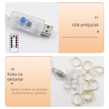 LED zavjese od bakrene žice, 300 LED, duljina 3×3 m, USB napajanje, daljinsko upravljanje s osam funkcija, vanjska vodootpornost, šareni svjetleći nizovi