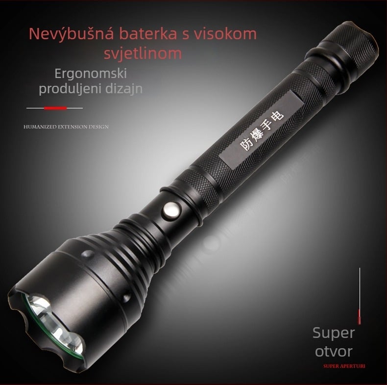 LED svjetiljka za samoodbranu, punjiva, model T6, otporna na eksplozije i vodootporna, domet do 300 m, velika sigurnosna svjetiljka za nužne situacije