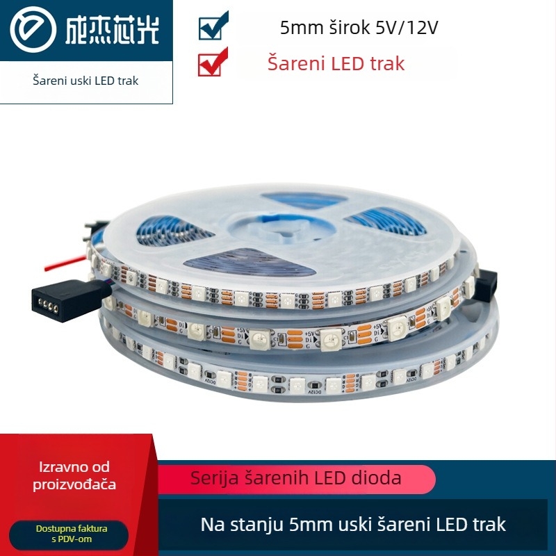 RGB fleksibilna LED traka koja mijenja boje, širina 8 mm, 60 LED/m, 5–12 V DC, dimabilna, nije vodootporna