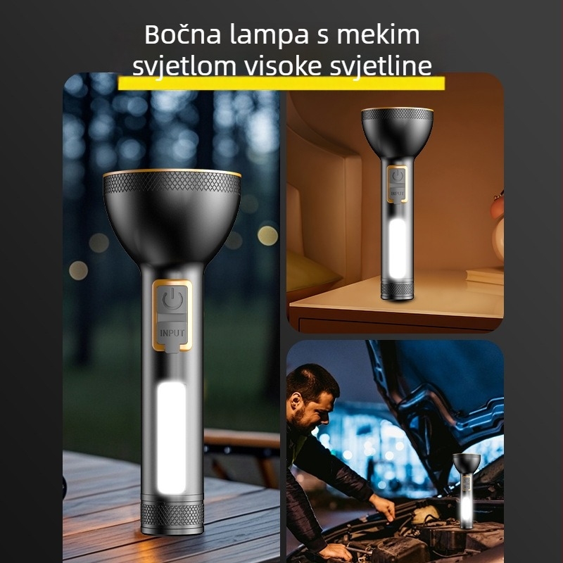 LED svjetiljka od aluminijske legure s ugrađenom baterijom, punjiva, prijenosna za kućnu upotrebu i na otvorenom, COB bočno svjetlo