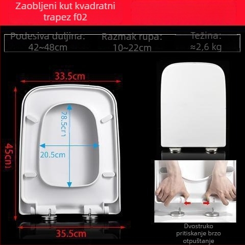 Kvadratni poklop za WC, univerzalni, deblji i izdržljiv, prilagodljiv trapezoidnom sjedištu, izrađen od urea-formaldehidne smole