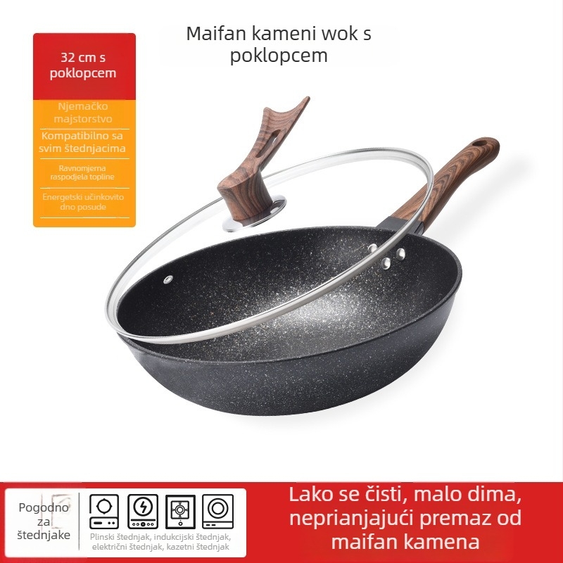 Maifan kamen wok s neprijanjajući premazom, promjer 32 cm, kompatibilan s indukcijskim pločama, kućna kuhinja, bez dima