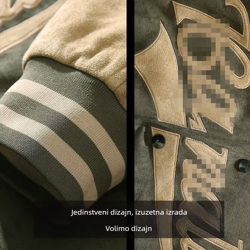 Muška suede baseball jakna s izvezenim dizajnom – lagana, retro američki stil, opušten kroj