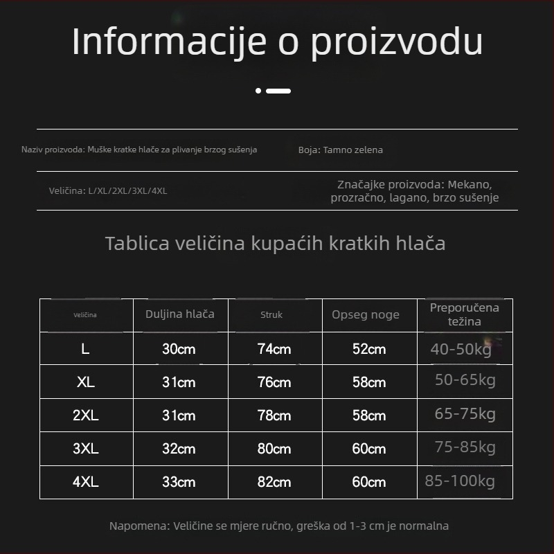 Muške kupaće šorceve slobodnog kroja, brzo se suše, jednobojne