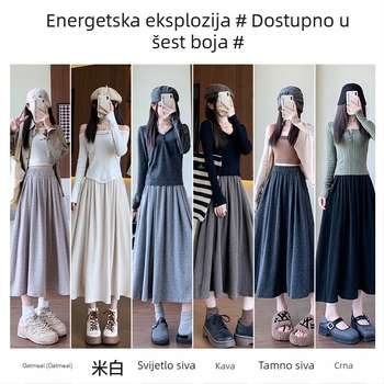 H560 Siva pletena suknja A-linije, midi dužine, visokim strukom, školski stil