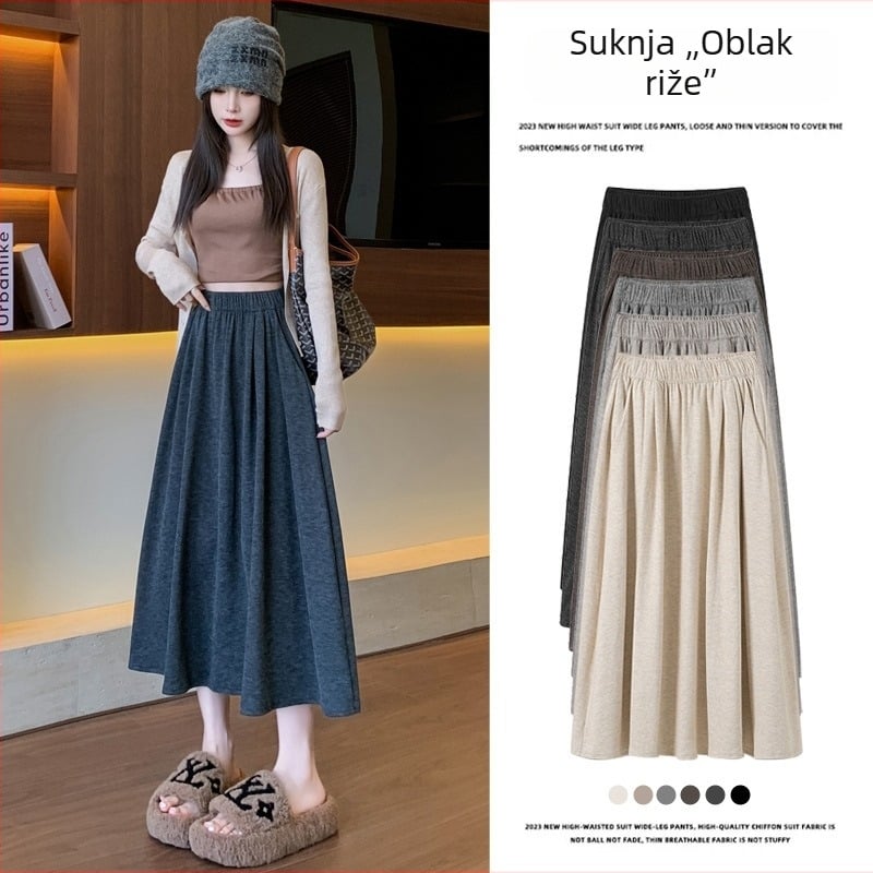 H560 Siva pletena suknja A-linije, midi dužine, visokim strukom, školski stil