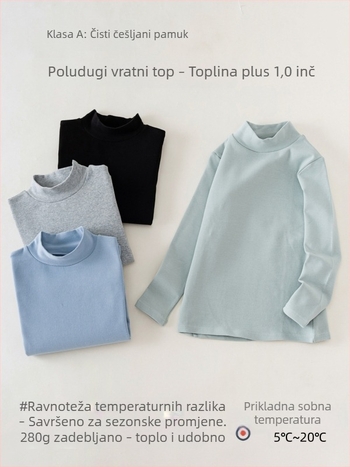 Unisex dječji pamukasti top s polu-visokim ovratnikom, jednobojan, dugi rukav, korejski stil, jesen i zima