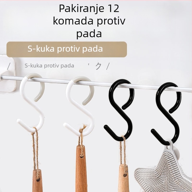 S-kuka s usisnom čašicom za ključeve, odjeću, torbe i šešire — bez bušenja, plastična, nosivost 1–3 kg
